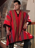 Red poncho - multicoloured stripes